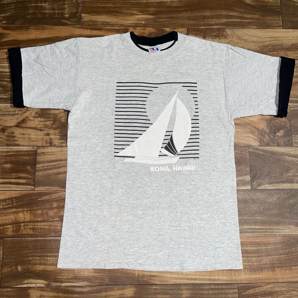 Vintage 80s Kona Hawaii Sail Boat Puff Print Nautical T-Shirt Size Medium/Large